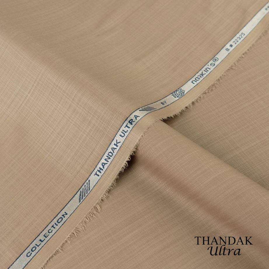 Lightweight Thandak Ultra fabric with slubby linen-like texture, micro polyester wash and wear summer fabric
