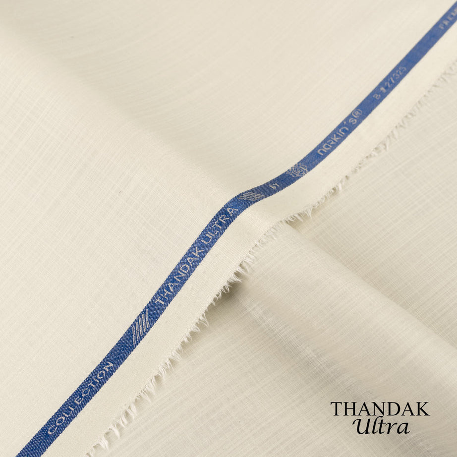 Lightweight Thandak Ultra fabric with slubby linen-like texture, micro polyester wash and wear summer fabric