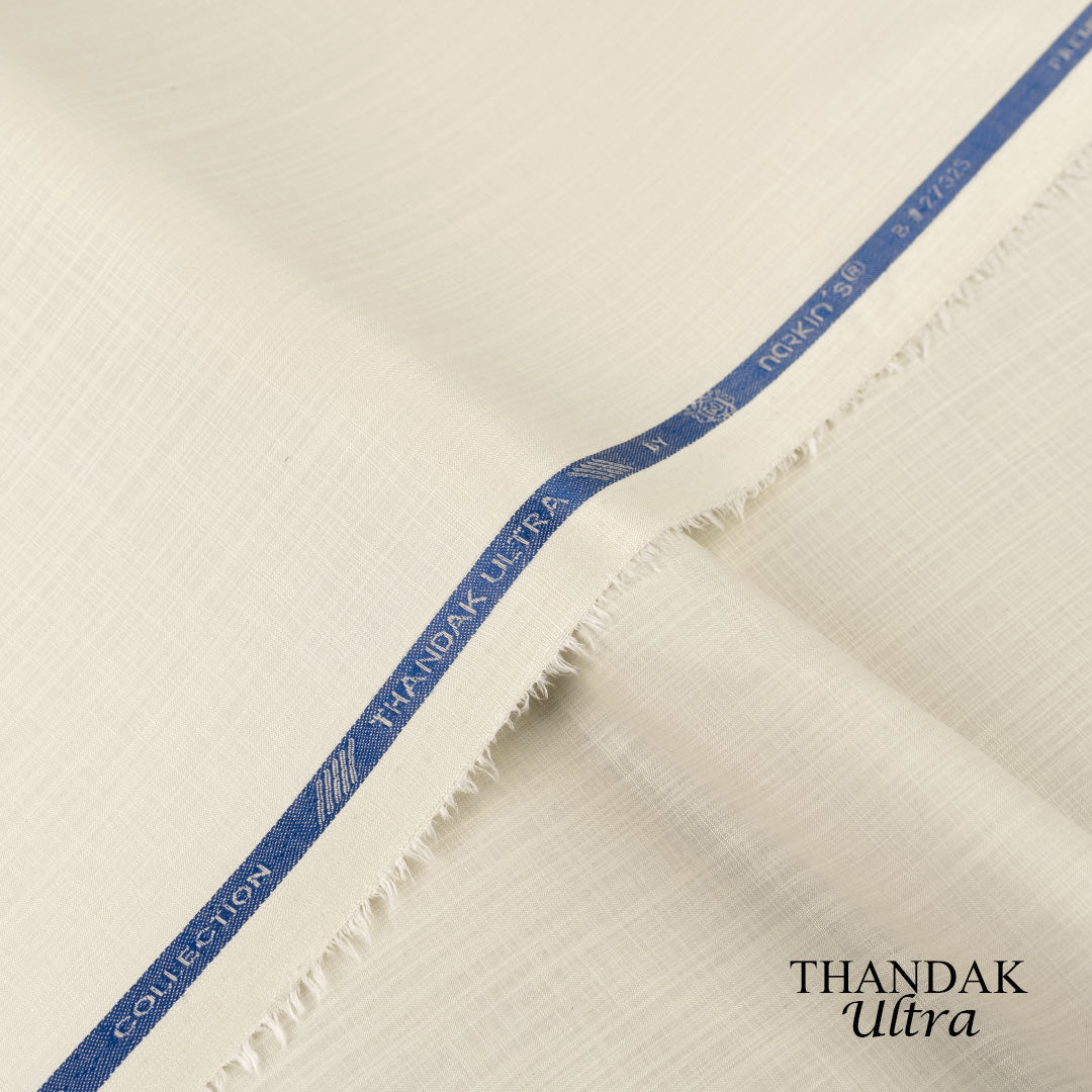 Lightweight Thandak Ultra fabric with slubby linen-like texture, micro polyester wash and wear summer fabric