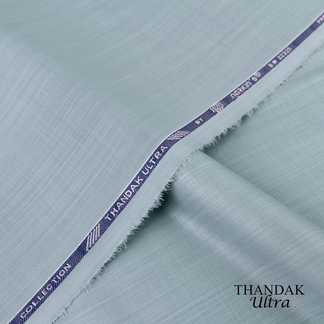 Lightweight Thandak Ultra fabric with slubby linen-like texture, micro polyester wash and wear summer fabric