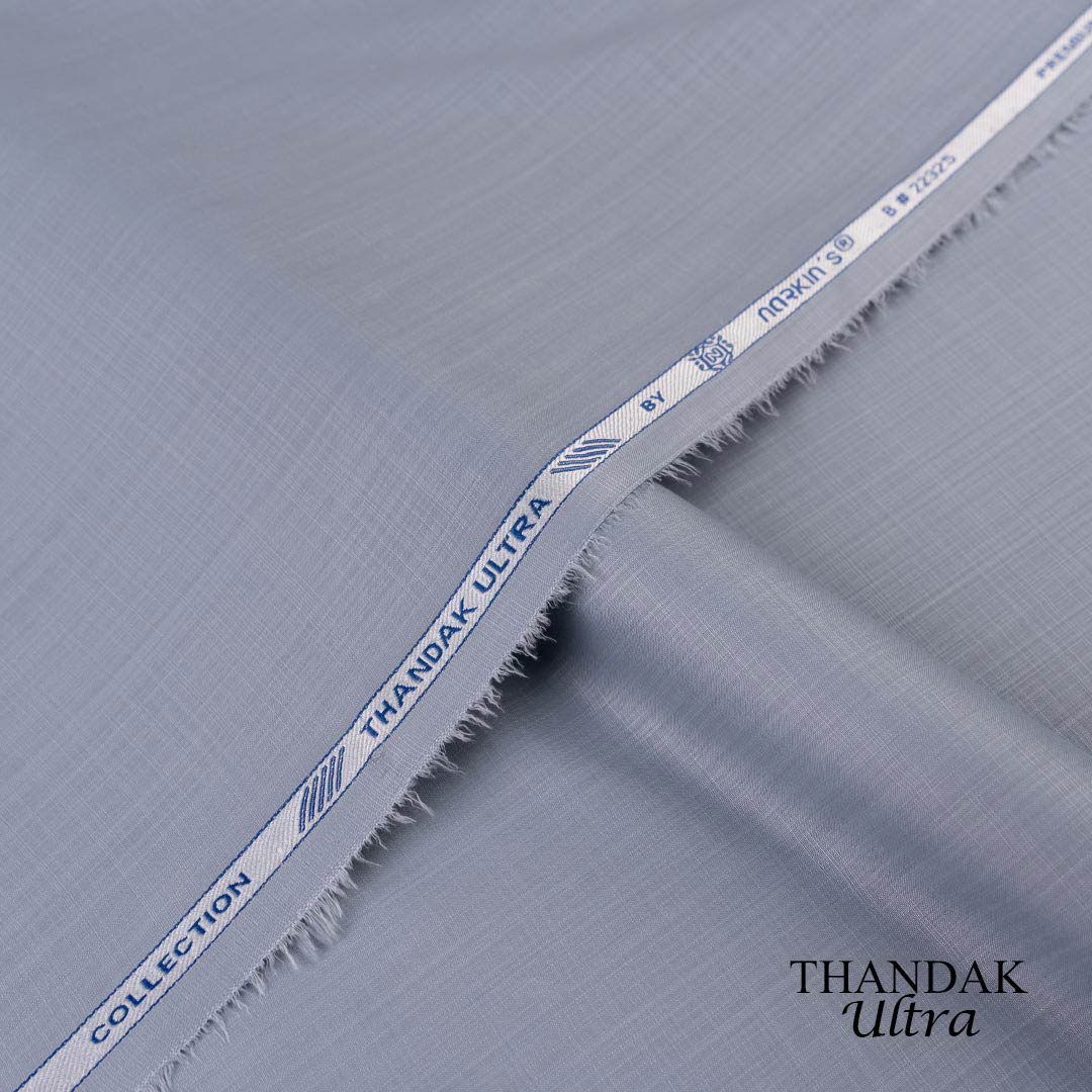 Lightweight Thandak Ultra fabric with slubby linen-like texture, micro polyester wash and wear summer fabric