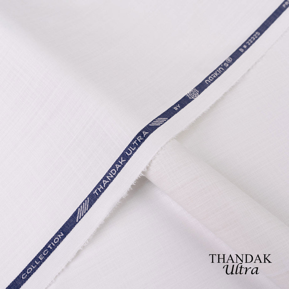 Lightweight Thandak Ultra fabric with slubby linen-like texture, micro polyester wash and wear summer fabric