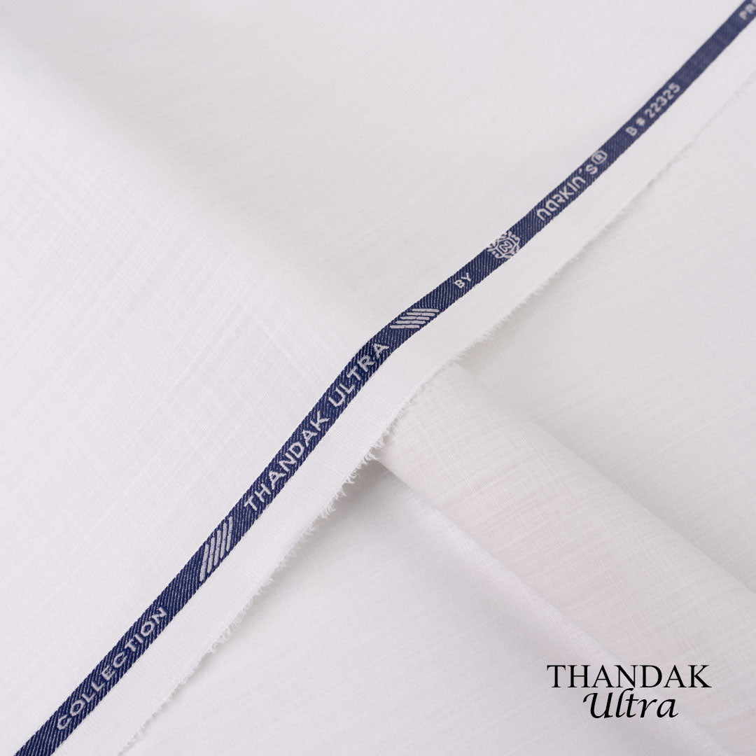 Lightweight Thandak Ultra fabric with slubby linen-like texture, micro polyester wash and wear summer fabric