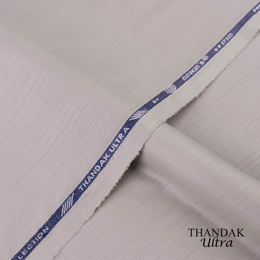 Lightweight Thandak Ultra fabric with slubby linen-like texture, micro polyester wash and wear summer fabric