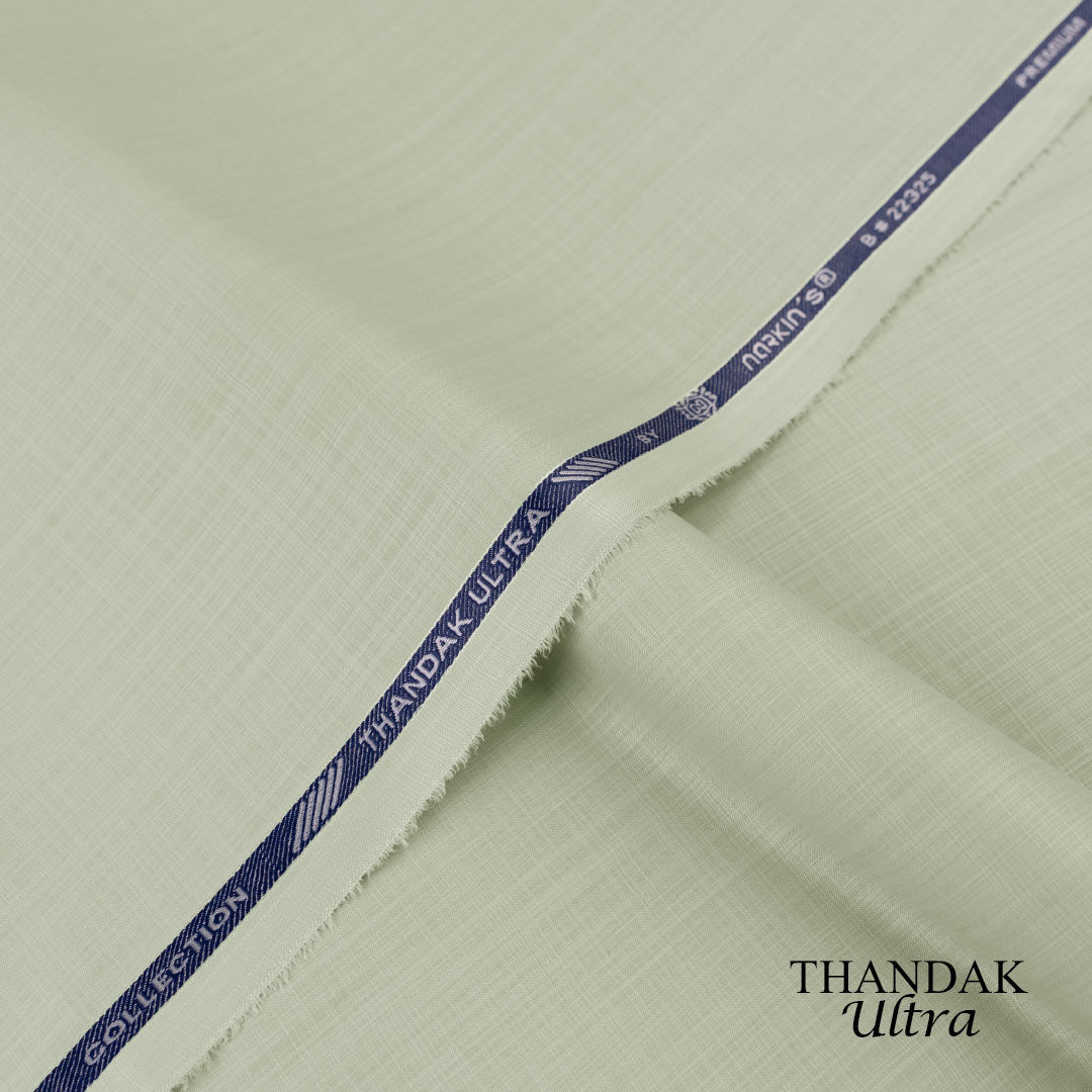 Lightweight Thandak Ultra fabric with slubby linen-like texture, micro polyester wash and wear summer fabric