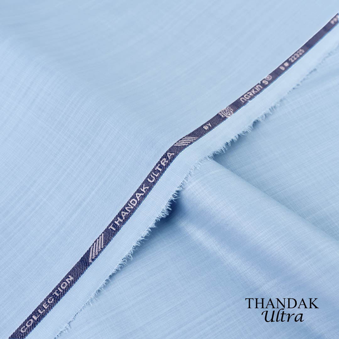 Lightweight Thandak Ultra fabric with slubby linen-like texture, micro polyester wash and wear summer fabric