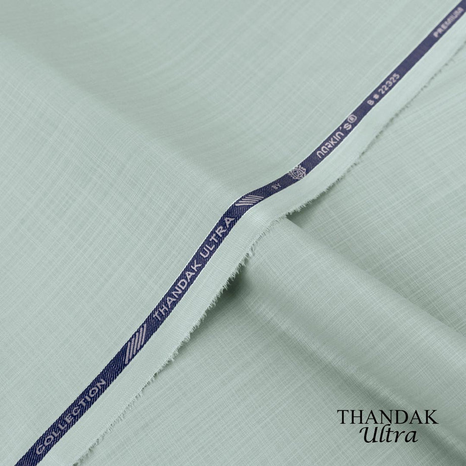 Lightweight Thandak Ultra fabric with slubby linen-like texture, micro polyester wash and wear summer fabric