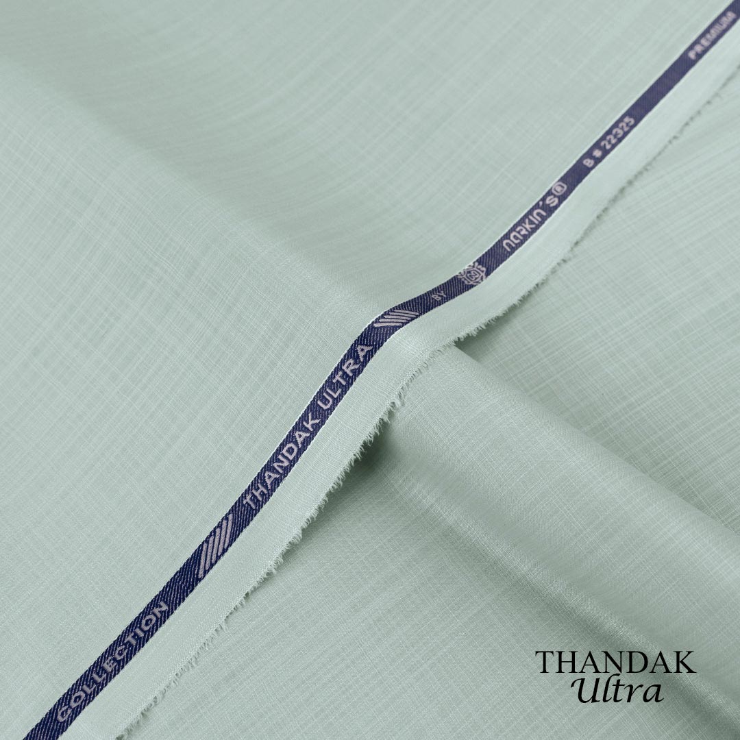 Lightweight Thandak Ultra fabric with slubby linen-like texture, micro polyester wash and wear summer fabric
